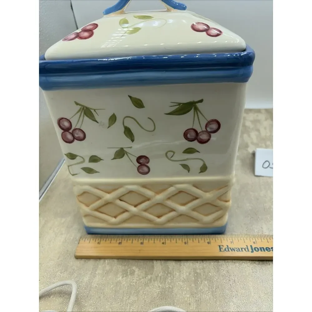 Large Inspirado Square Hand Painted BISCOTTI COOKIE JAR Cherry Basket Weave